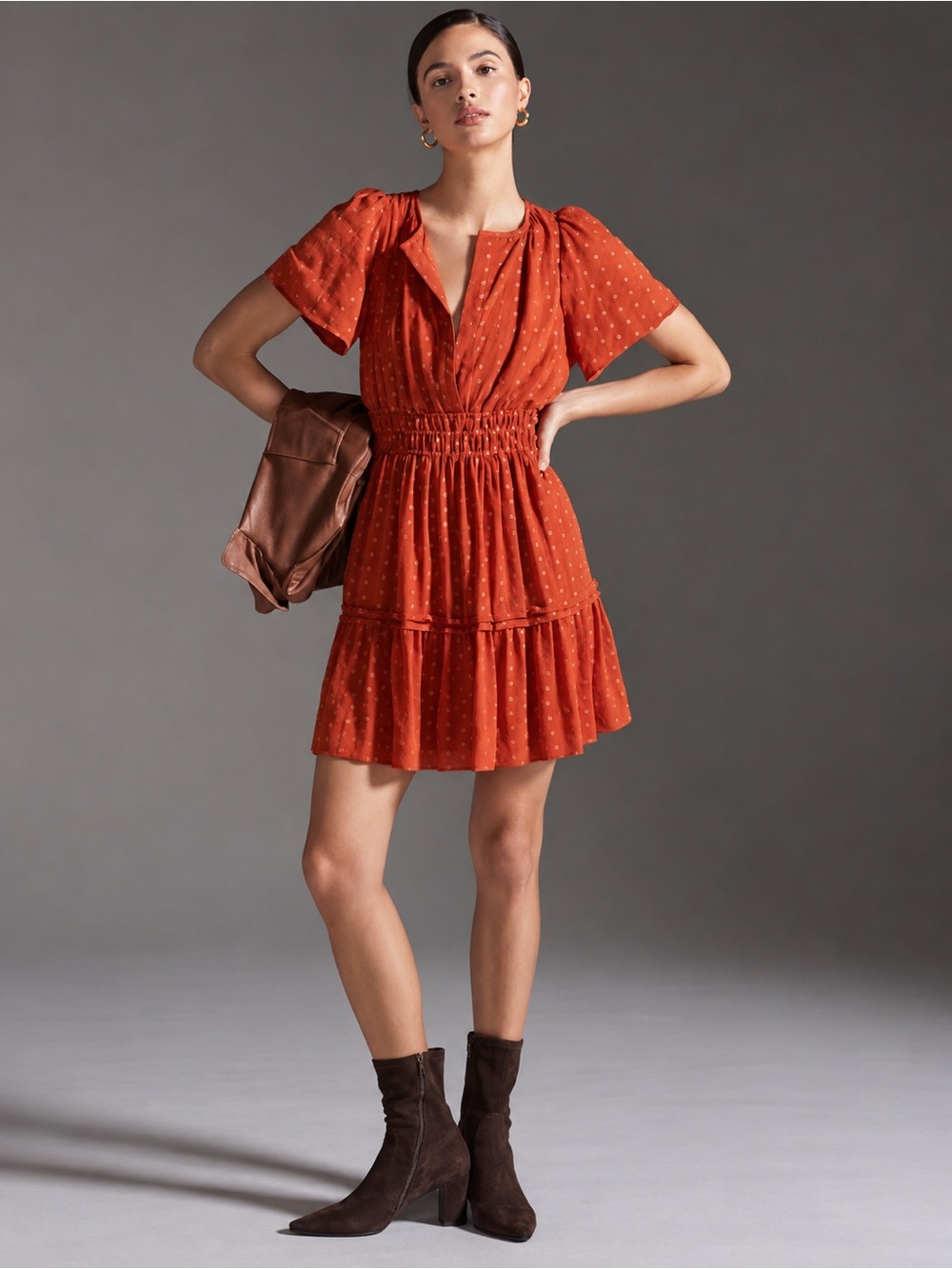 Anthropologie | Somerset Dotted Terra Cotta Rust Orange Mini Dress ~ XL